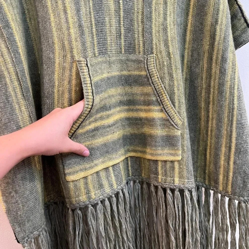 Raquel Allegra Wool Cashmere Knit Blend Fringe Bohemian Pullover Poncho Sweater